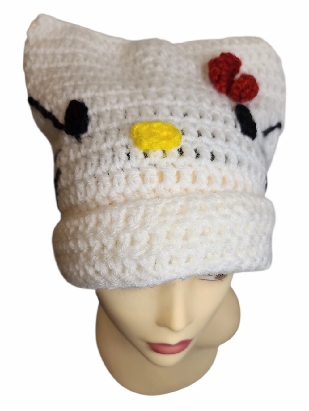 Hello Kitty Crochet Square Beanie Knit Cat Ear Hat White Red Bow